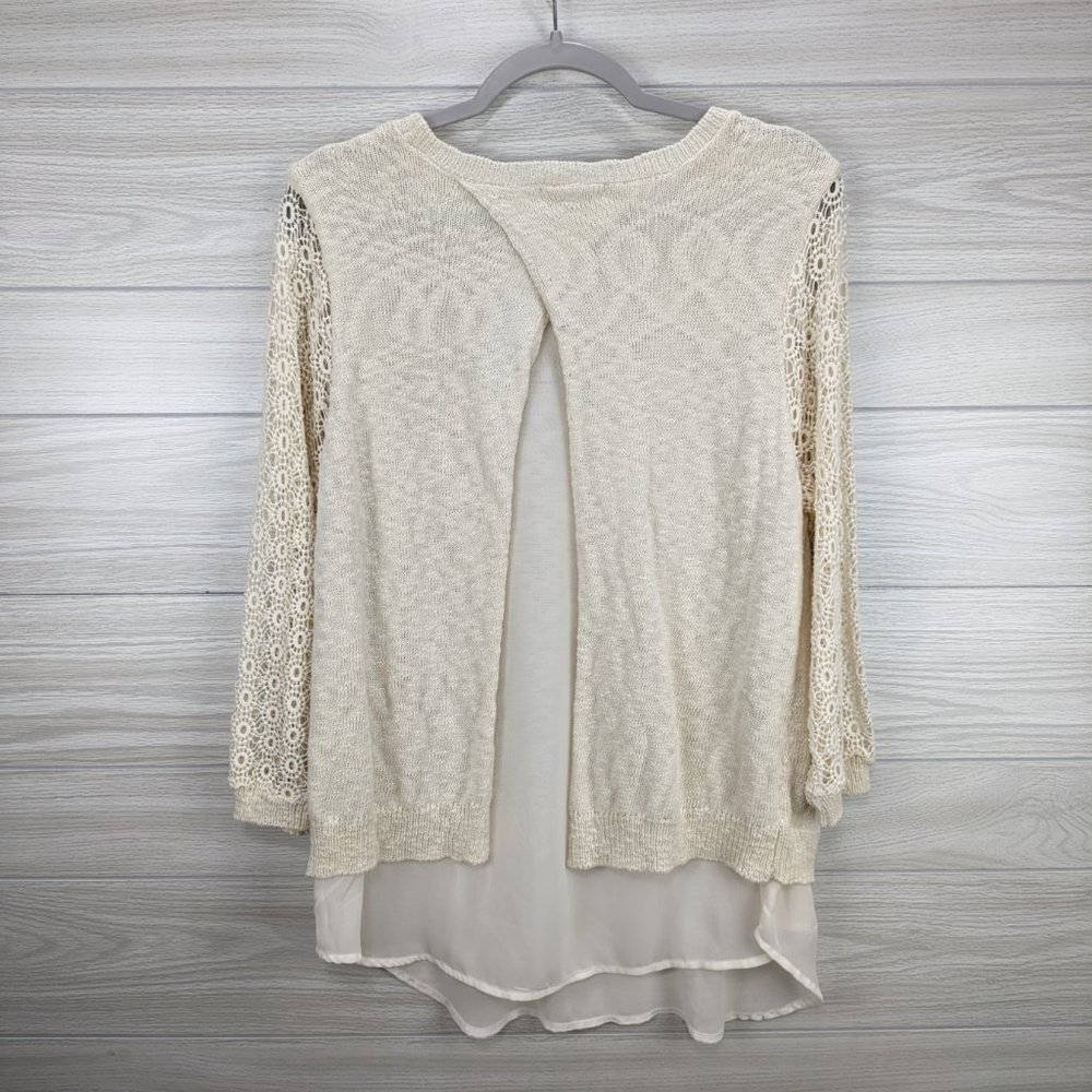 Roz & Ali Cream Crochet Knit Chiffon Trim Sweater - Picture 8 of 8
